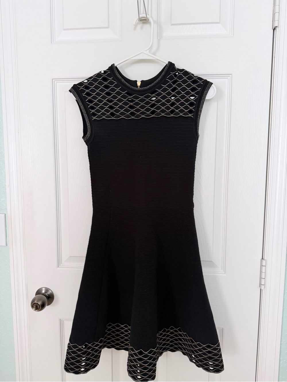 Ted Baker Black Sleeveless Fit-and-Flare Dress with Metallic Lattice